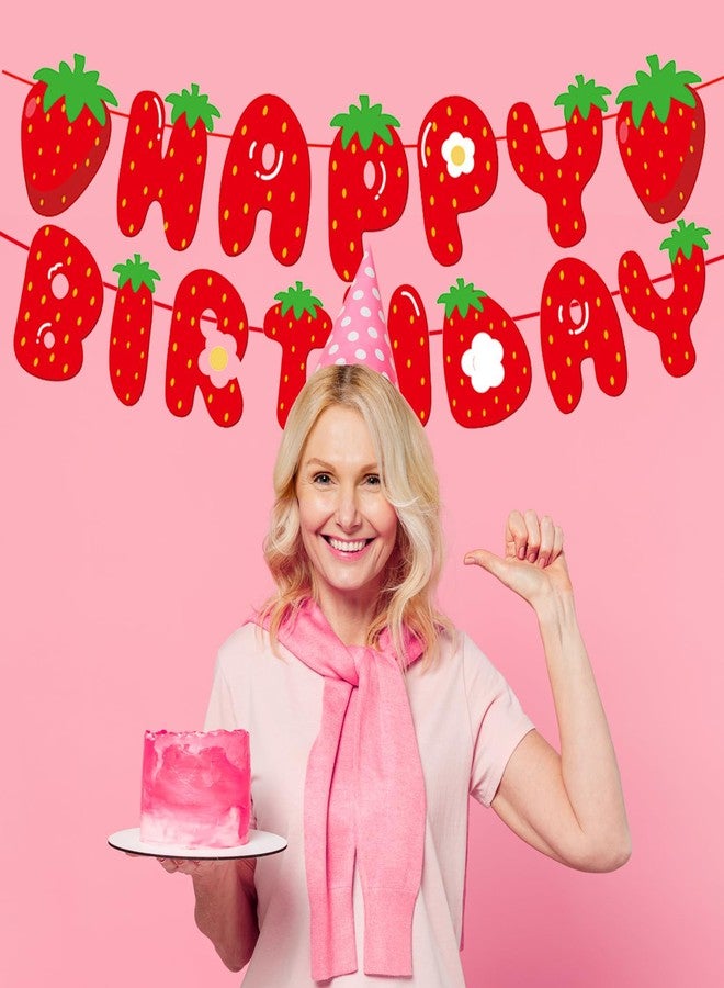 EUVBOKW Strawberry Happy Birthday Banner,Pre-Strung Strawberry Birthday Party Decoration for Baby Shower 1st Boys Girls Birthday Wedding Summer Fruit Theme Parties Decor - Image 5
